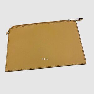 Lauren Ralph Lauren Cow Leather Zip Top Pouch Clutch Tan  8" x 5"